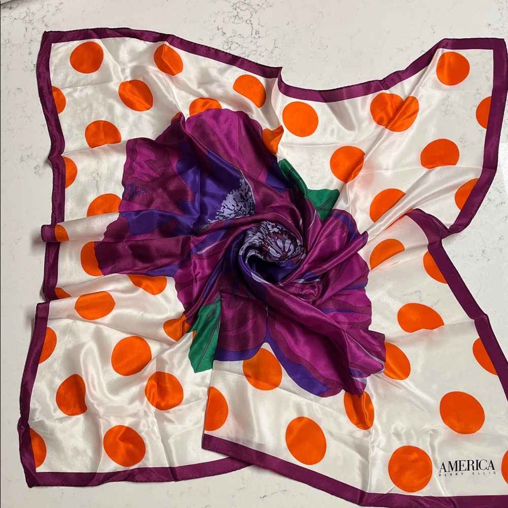 Rare Perry Ellis America 100% Silk Square Scarf Purple/Orange/Pink/Green